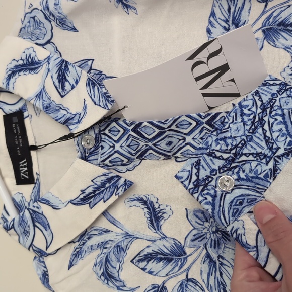 Zara woman floral linen viscose long sleeve shirt L white blue NWT 9878/097 - Picture 9 of 12